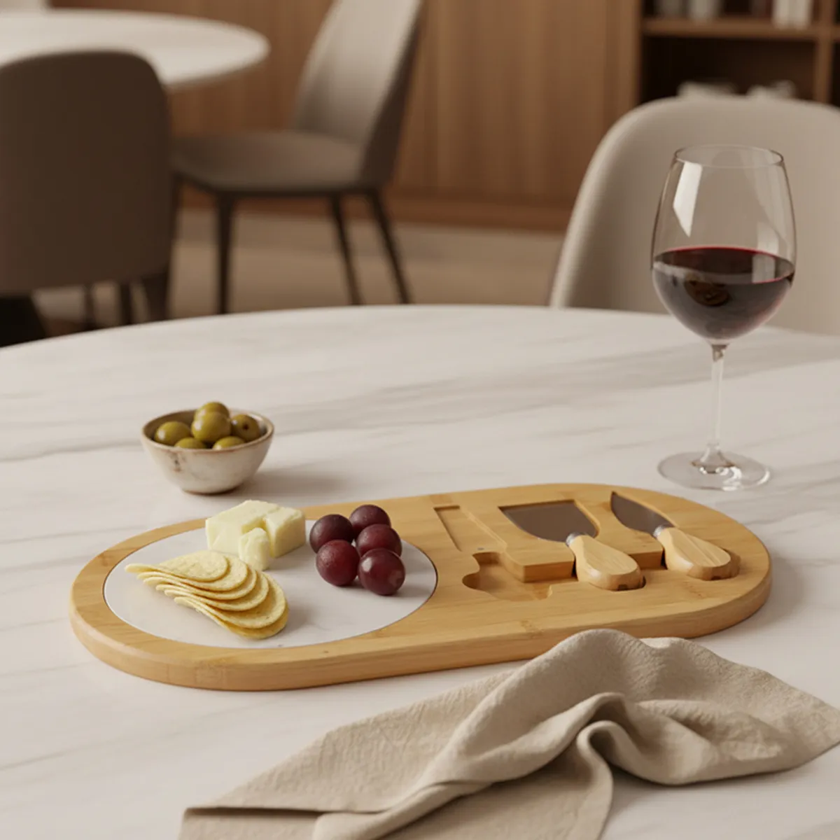 Oval cheese platter arranged on a dining table with cheese, crackers and serving tools