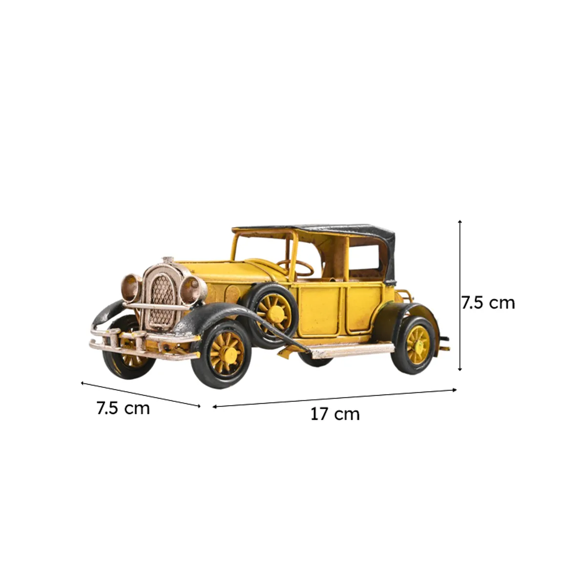 Yellow vintage model car showpiece with dimensions shown in the image