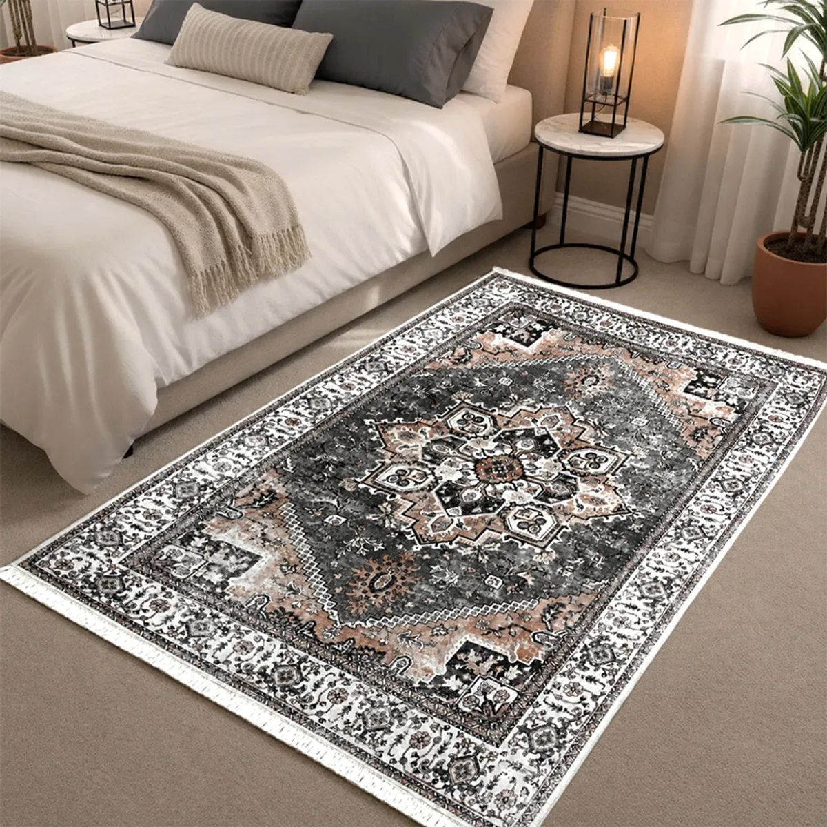 Grey and beige rectangular carpet styled at the foot of a bed