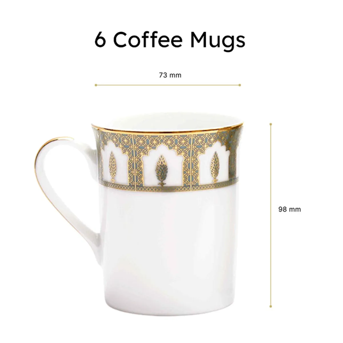 White and gold porcelain mug shown with 73 mm width and 98 mm height