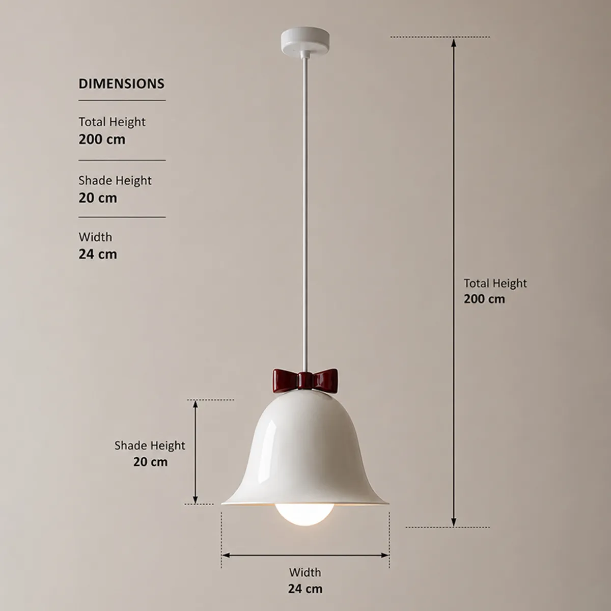 White bell-shaped pendant lamp with red bow detail shown against a plain backdrop