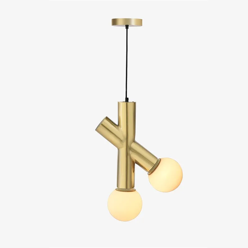 Front view of gold crossbar ceiling lamp with glowing globe shades
