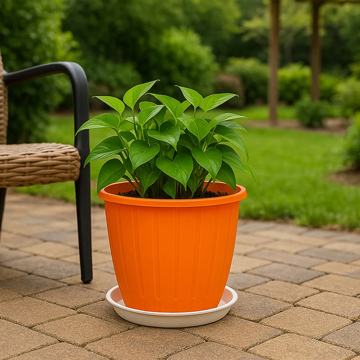 Orange planter with a leafy plant placed outdoors on a paved patio