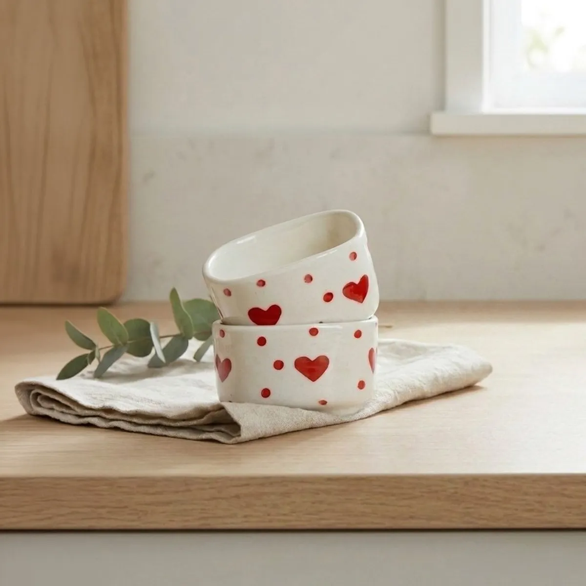 Two white ceramic bowls with red hearts, one stacked on the other