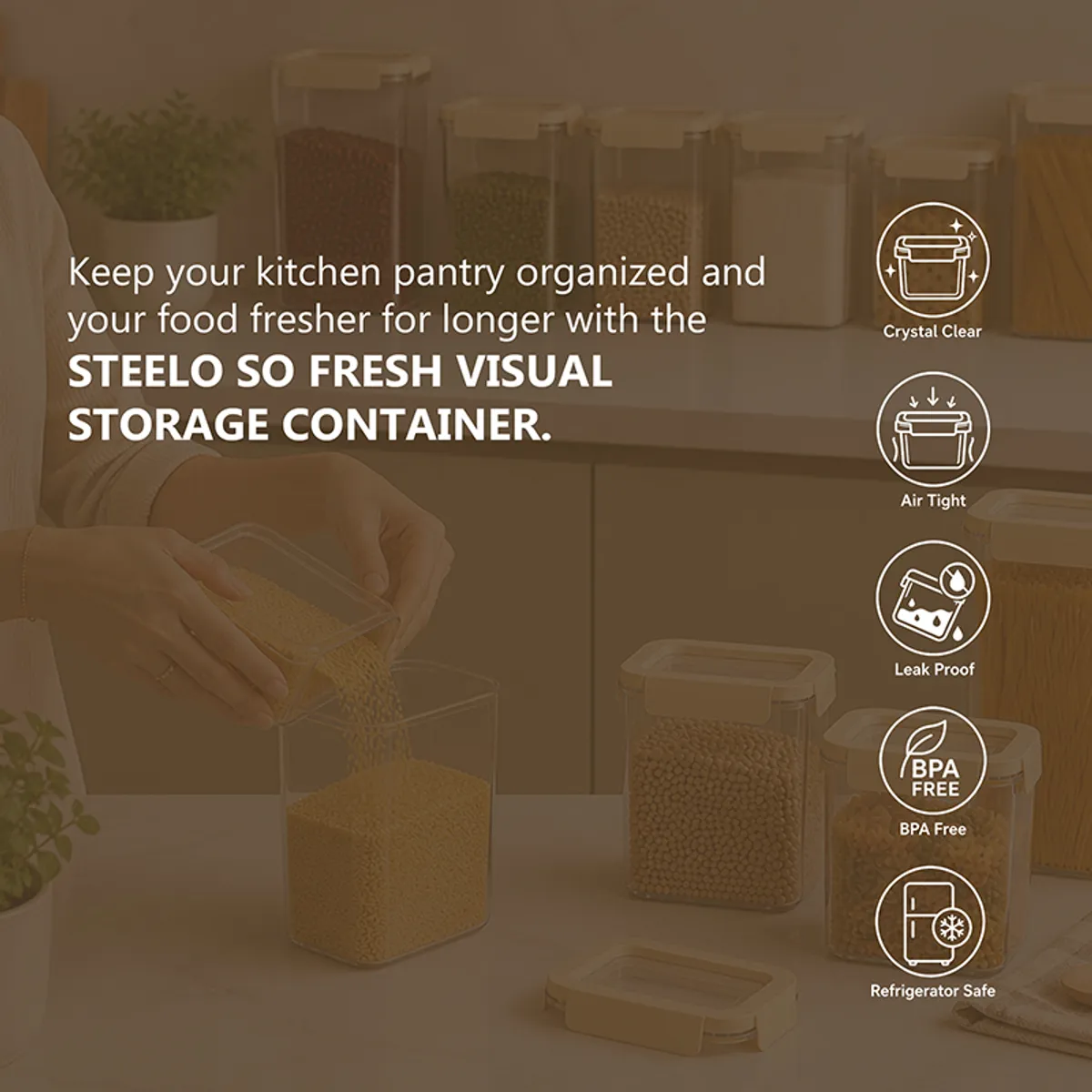 Storage container range shown with icons highlighting clear, airtight and leakproof design