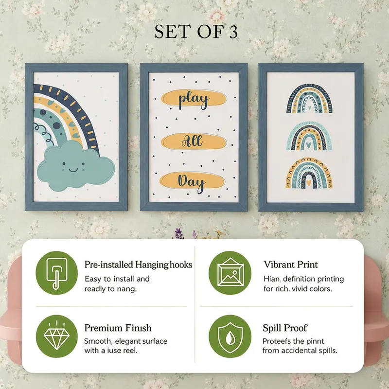 Set of three framed rainbow wall art prints with feature icons below