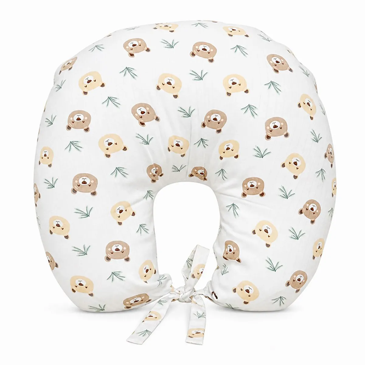 White U-shape feeding pillow with bear and leaf print on a plain background