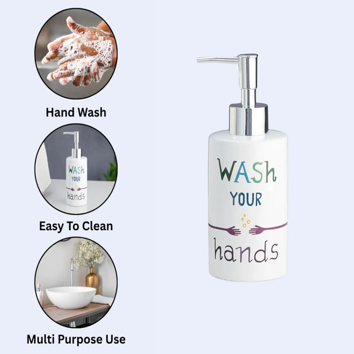 White soap dispenser with colourful text shown with hand wash and easy to clean visuals