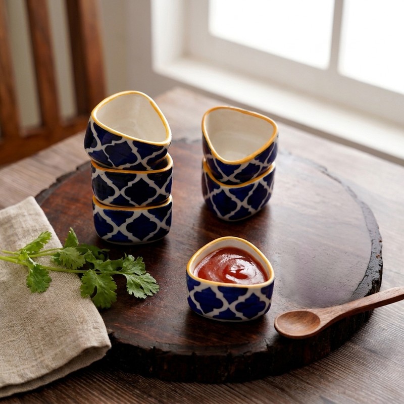 Berry Bloom Ceramic Dip Bowls (White,Blue/40 mL)- Set of Six