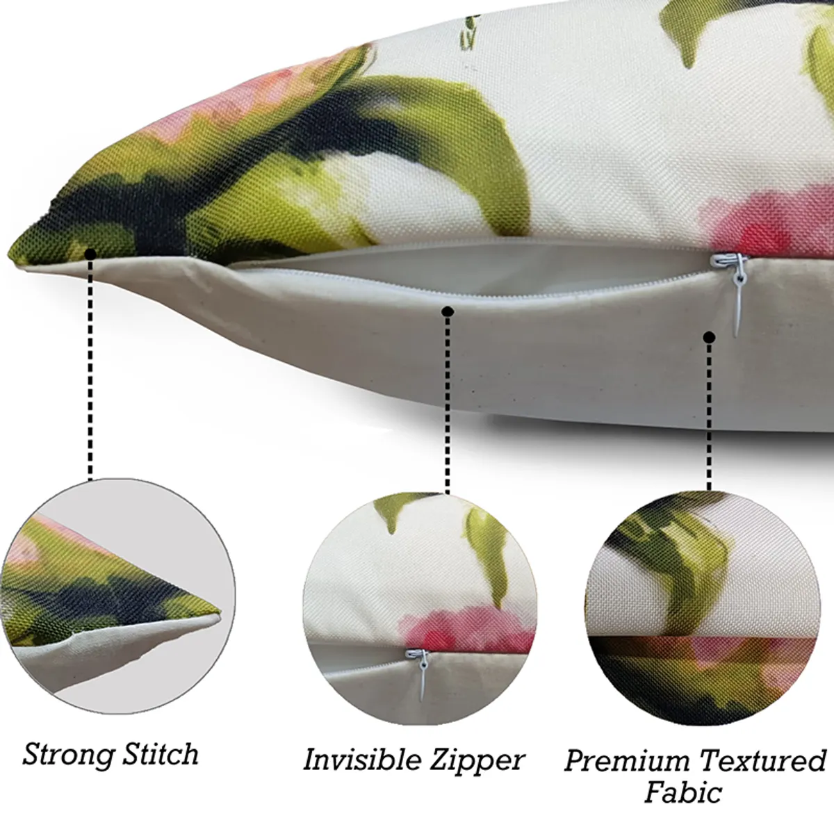Close-up of a cushion cover seam and zip closure