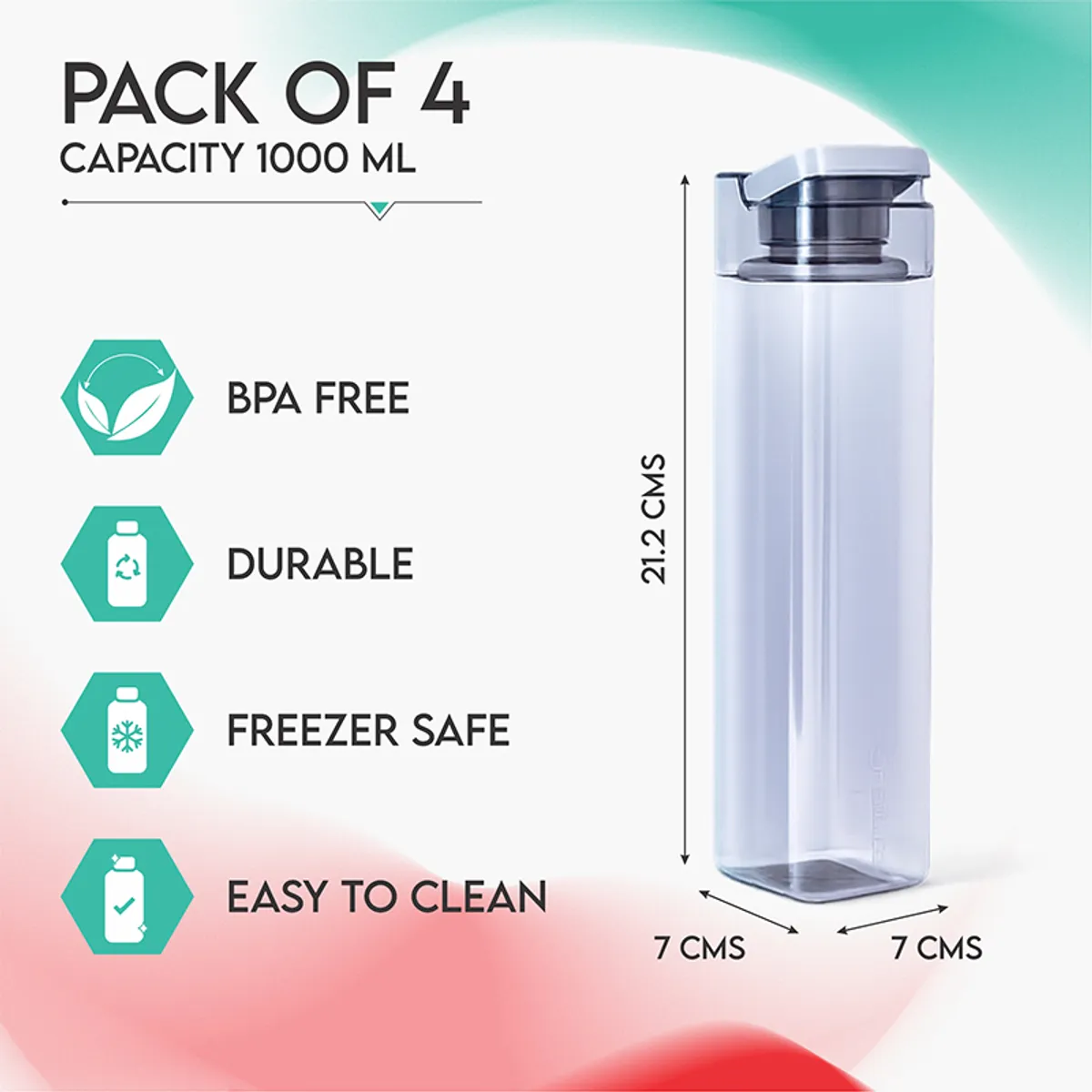 Clear water bottle shown with dimensions and product feature graphics.