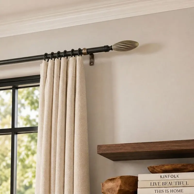 RodAura Extendable Curtain Rod with Wood Bud Finial & Bracket - Black - M
