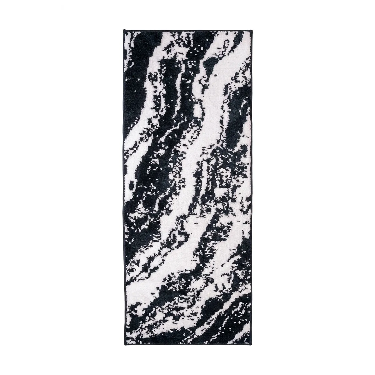 Black and white abstract marble-patterned runner rug shown against a white background.