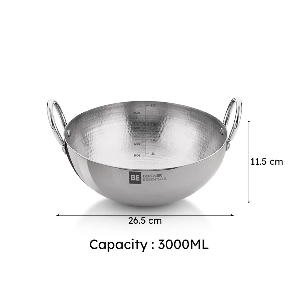 Silver hammered kadhai shown with dimensions and two loop handles