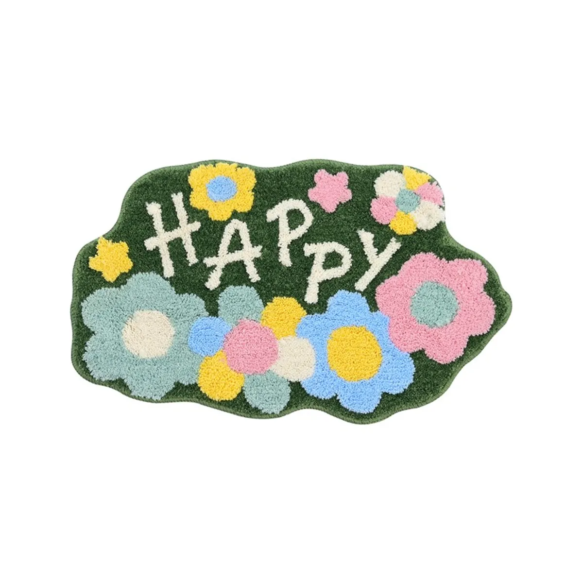Irregular green bath mat with colourful flowers and HAPPY lettering