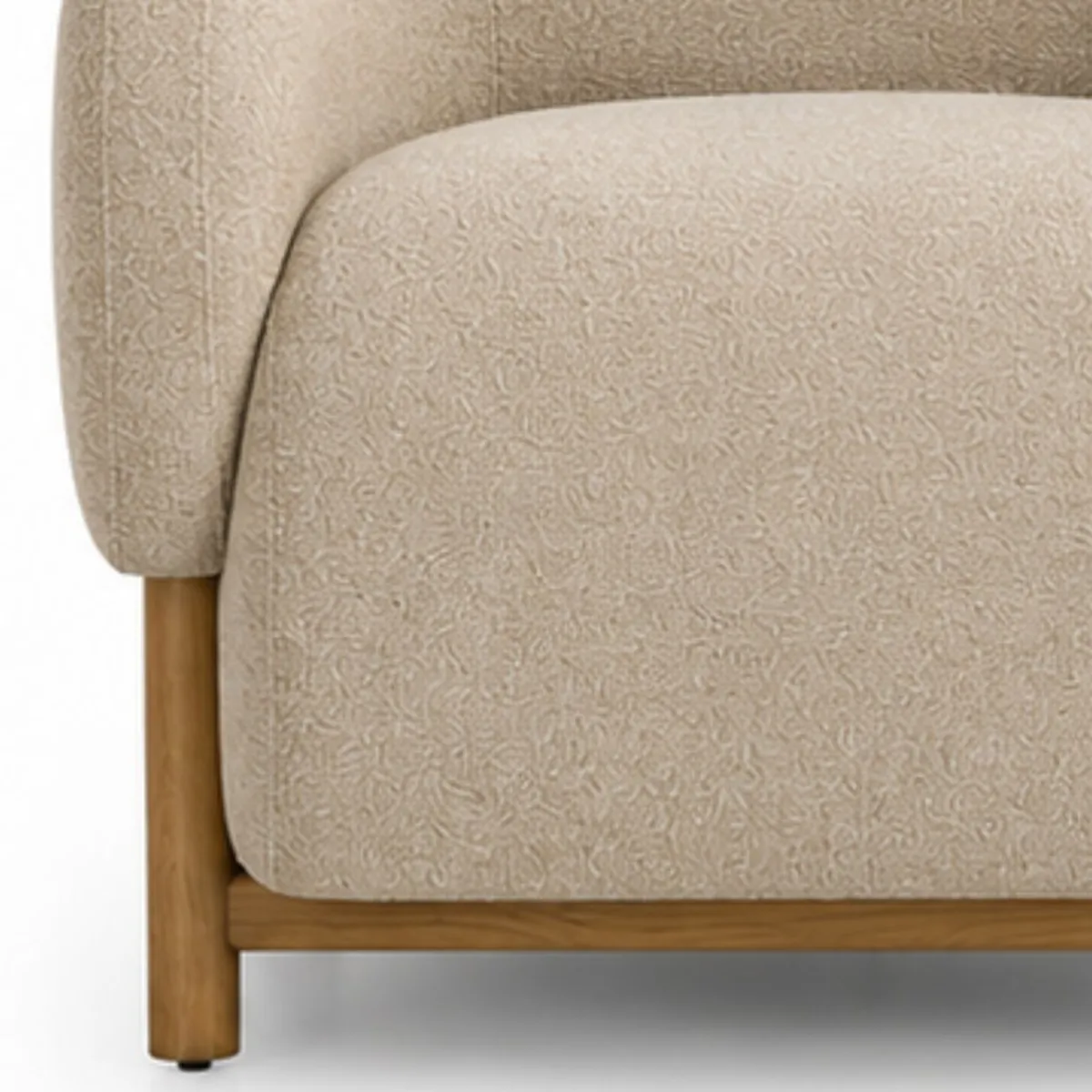Close-up of beige textured upholstery, curved seat edge and teak wood frame