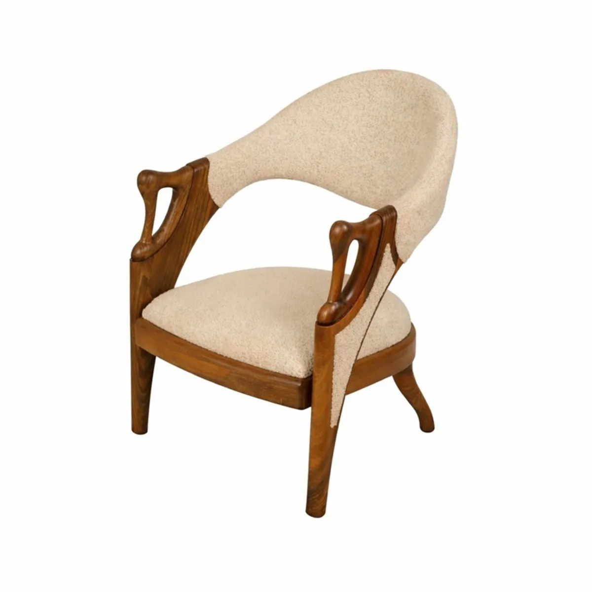 Beige and brown teak accent chair shown against a white background