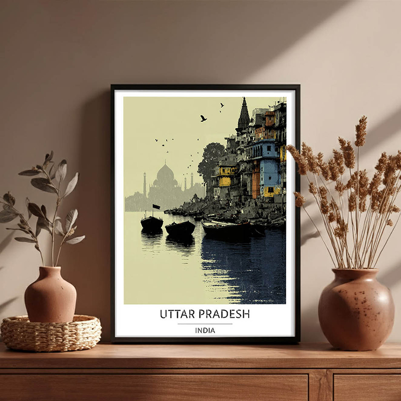 Timeless Ghat Silhouette Uttar Pradesh Wall Art With Black Frame - Small