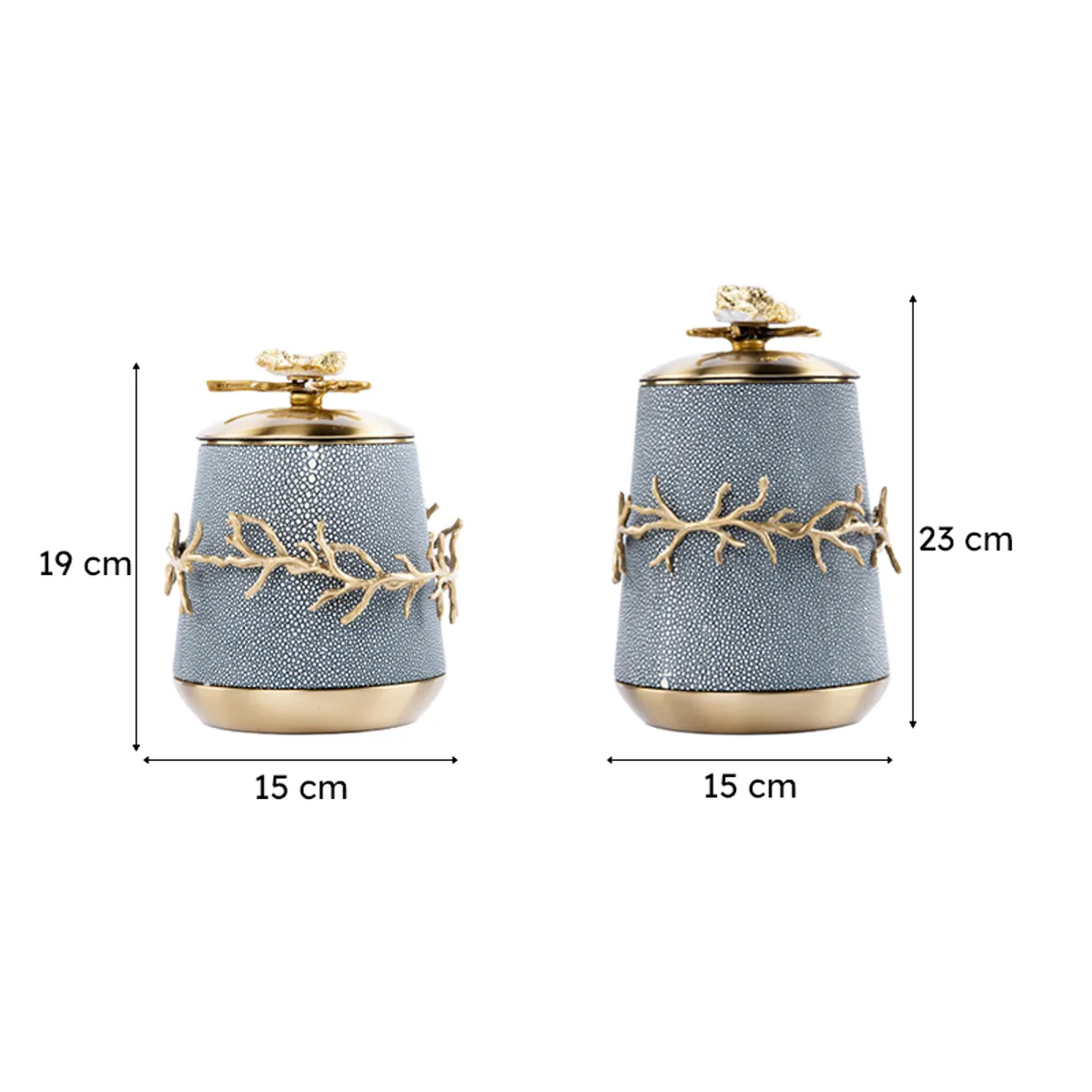 Two blue and gold lidded showpieces shown side by side