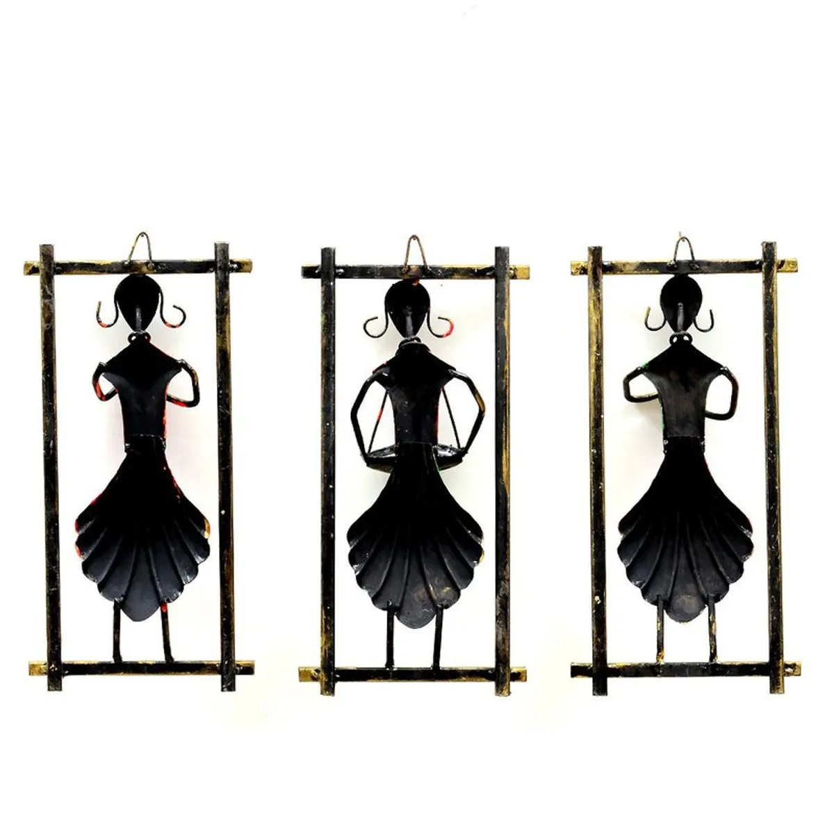 Back view of three metal wall accents with rectangular frames