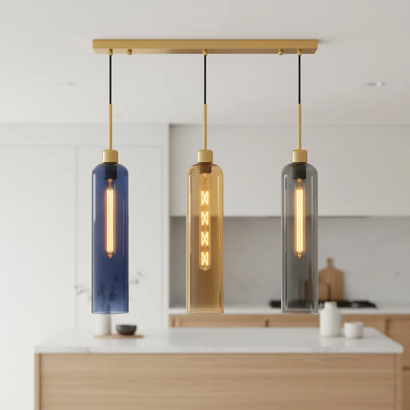 Modern linear pendant lamp with three coloured glass shades above a kitchen island