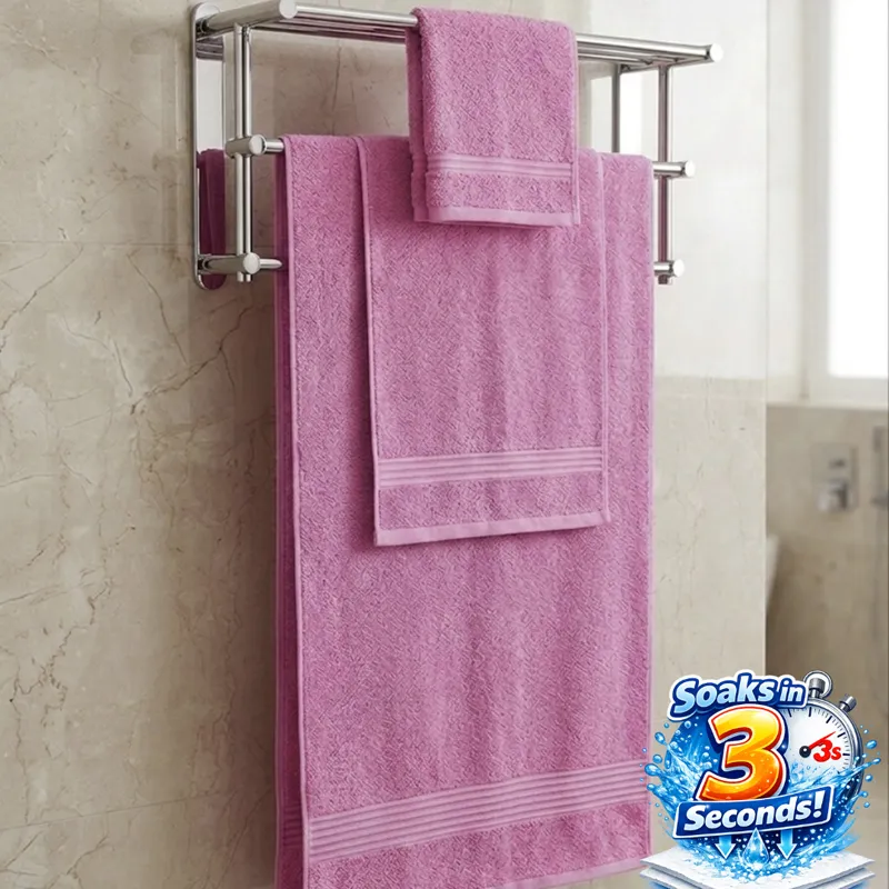 Pink towels hanging on a bathroom rack