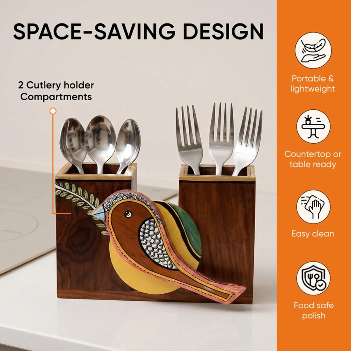 Wooden cutlery holder with two compartments and a colourful bird motif.