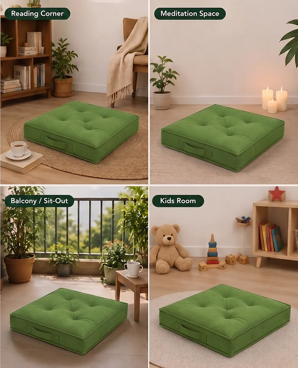 Green square floor cushion shown in four styled room settings