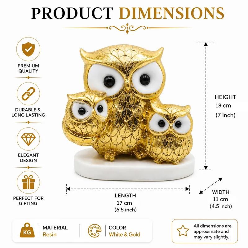 Gold and white owl family showpiece with printed dimension graphic