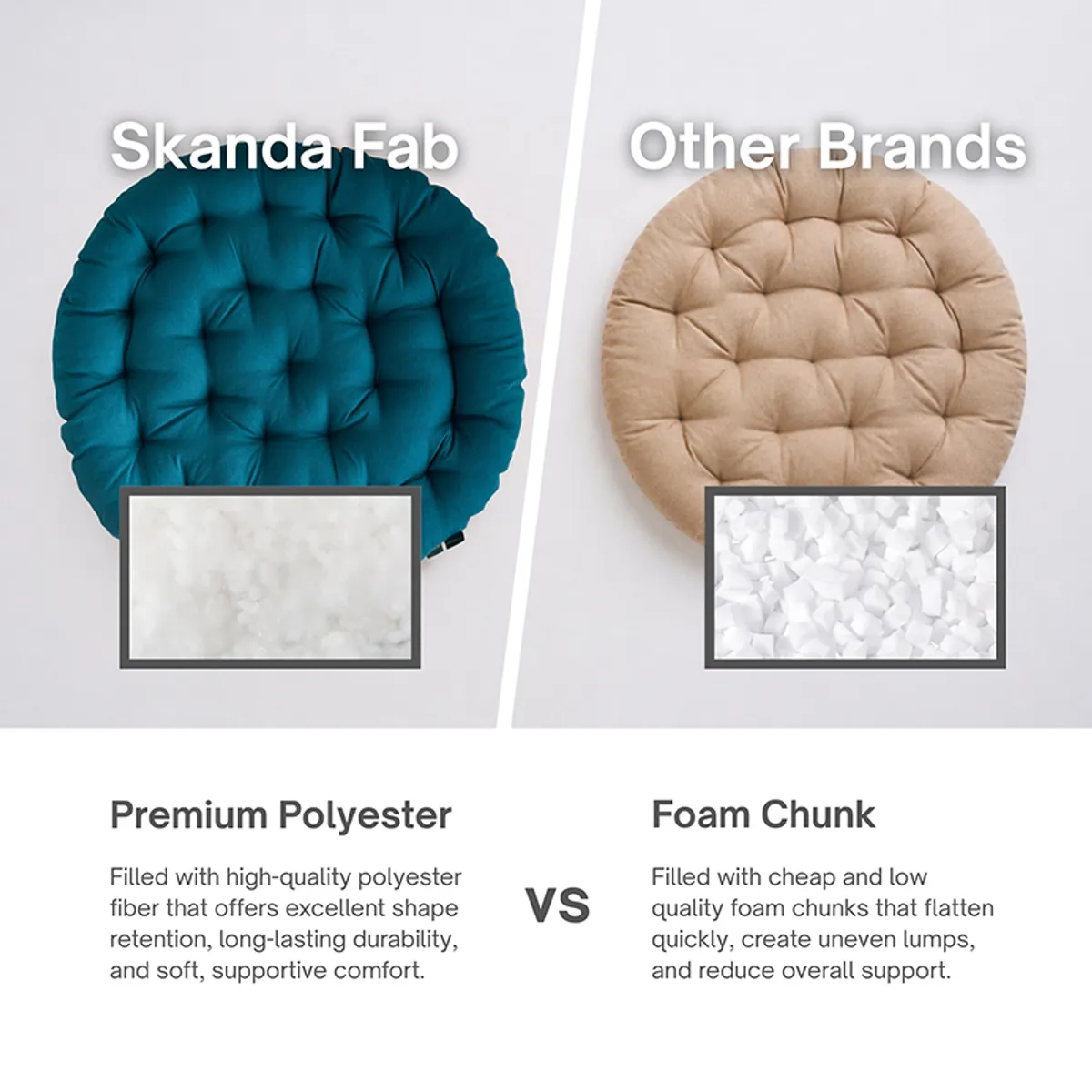 Round deep green tufted floor cushion shown beside a beige cushion in a comparison graphic