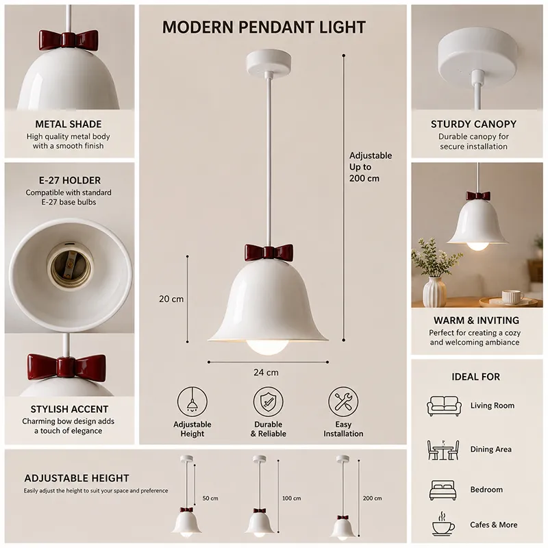 Collage showing the white bell pendant lamp, red bow detail, canopy and hanging design