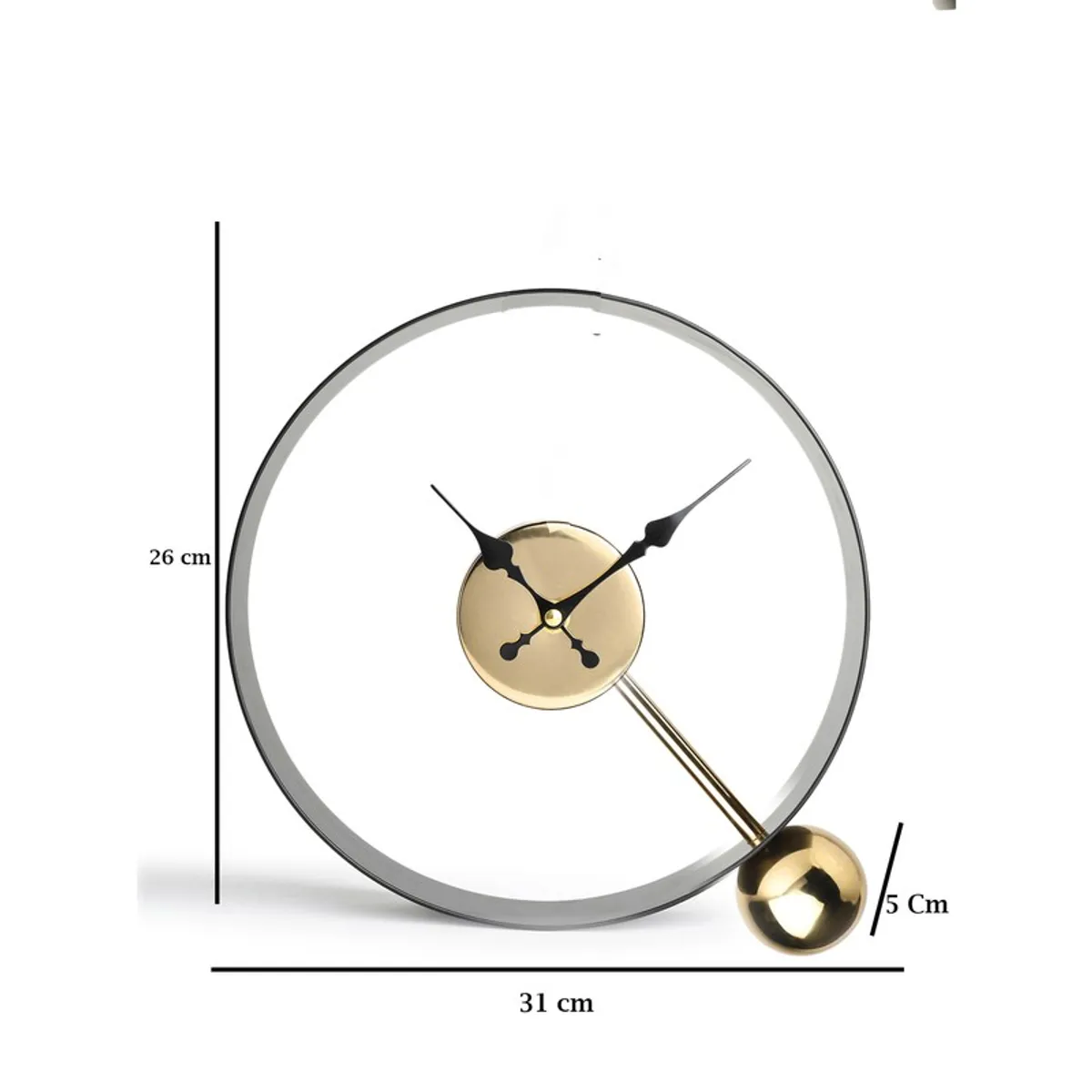 Black and gold round table clock shown with size markings