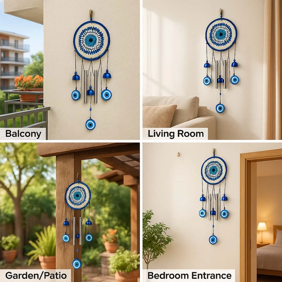 Blue evil-eye wind chime shown in balcony, living room, garden and entrance settings