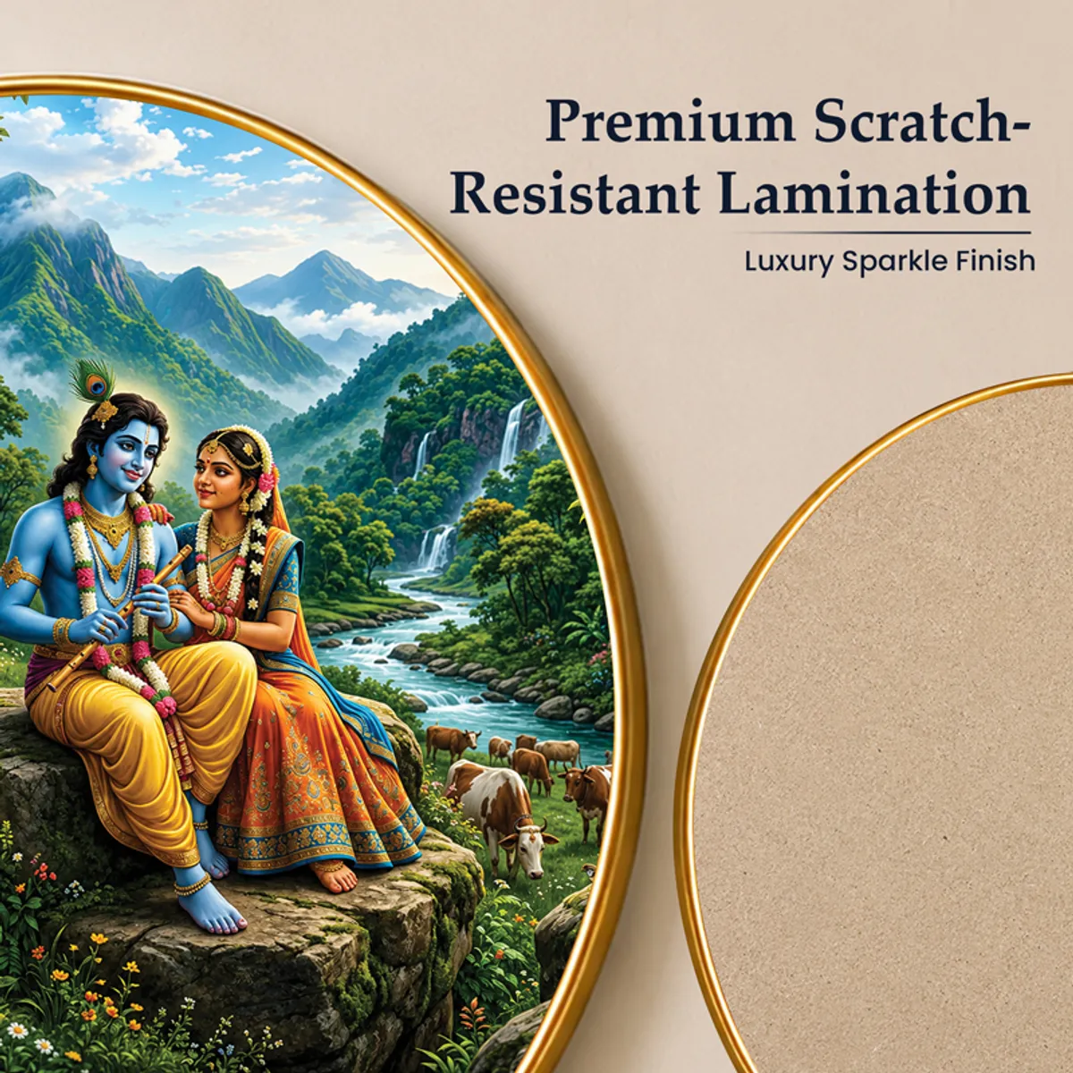 Close-up of Radha Krishna wall art with gold-toned border and back view