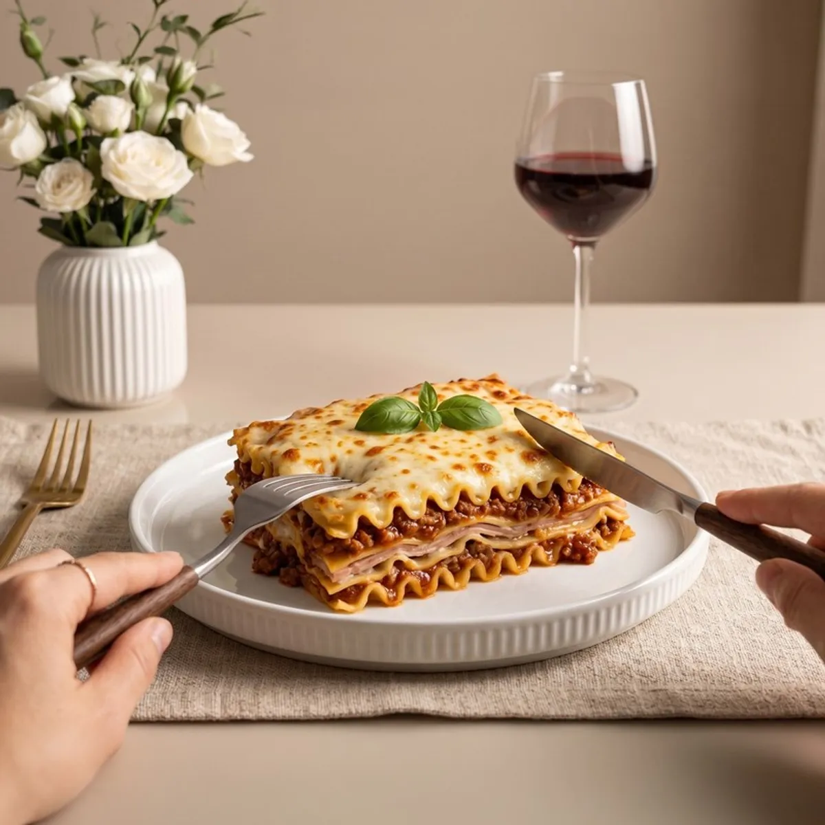 White ribbed dinner plate styled with a serving of lasagne on a dining table