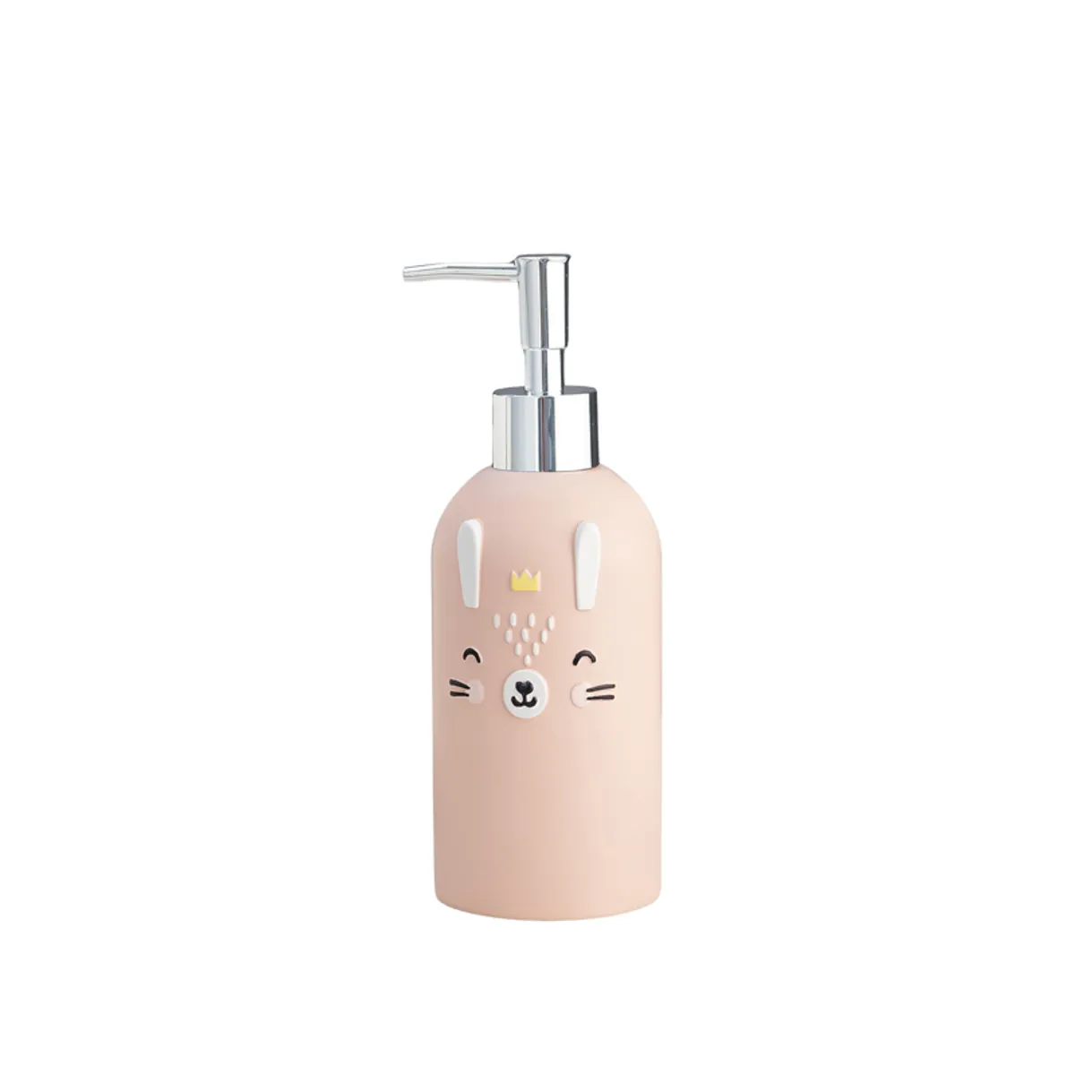 Peach bunny-themed hand wash dispenser with silver pump on white background