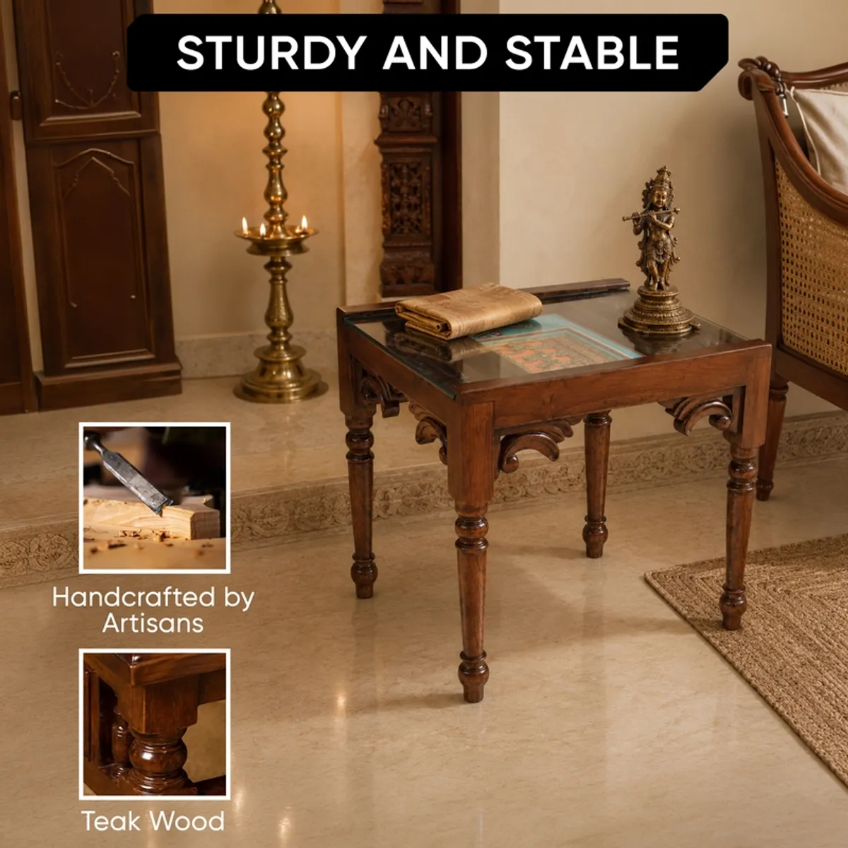 Brown square side table with turned legs in a living room