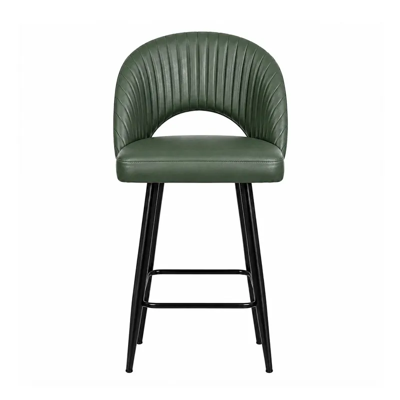 Front view of dark green ribbed bar chair with black metal legs
