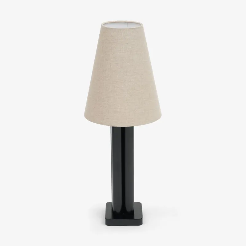 Nordic table lamp with tapered linen shade and black freestanding base