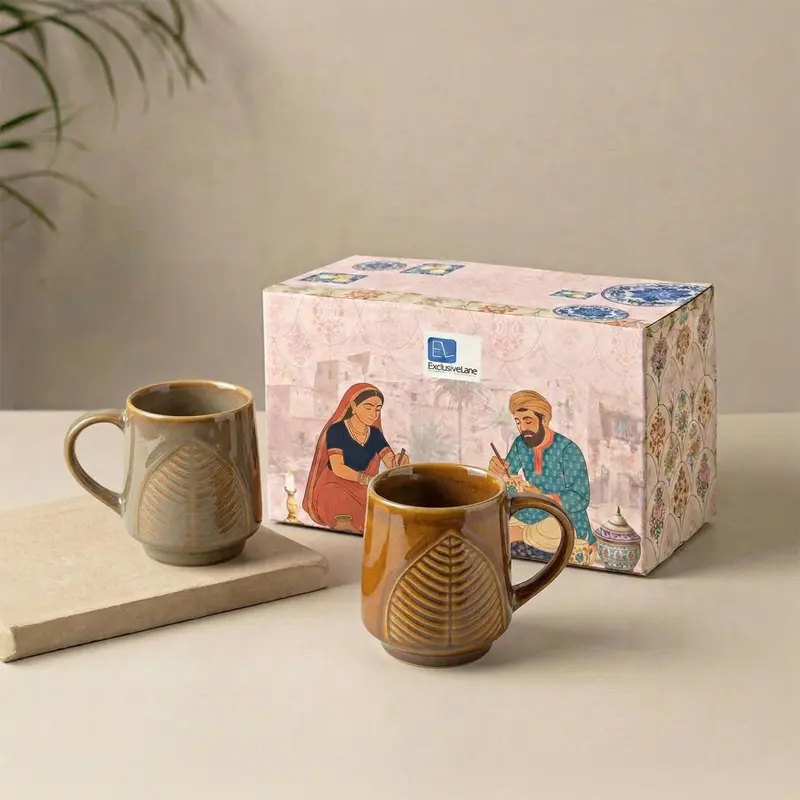 Leaf Ceramic Coffee Mug (300 mL Each) - Set Of Two
