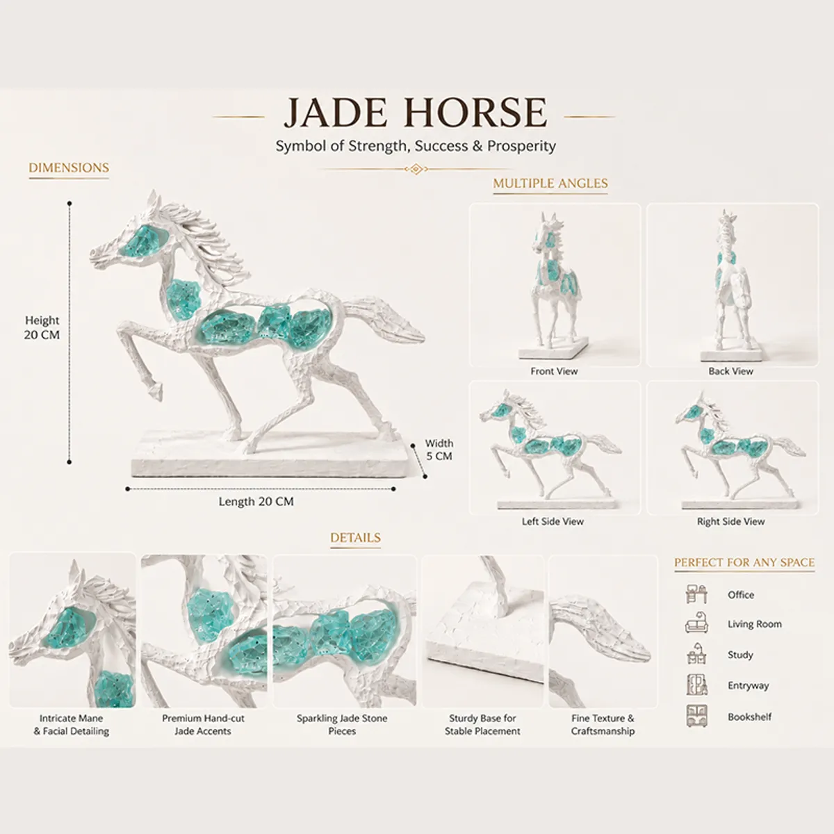 Running horse showpiece shown from multiple angles with aqua crystal accents