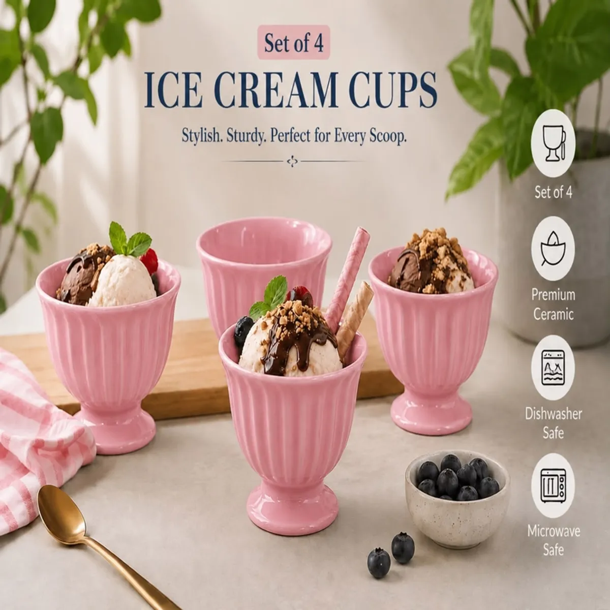 Four pink ice cream cups displayed with dessert, spoon and blueberries
