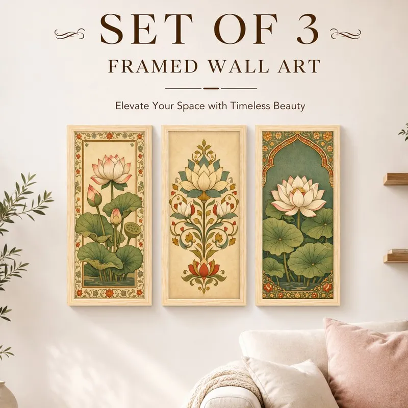 Set of three framed lotus wall art pieces displayed together