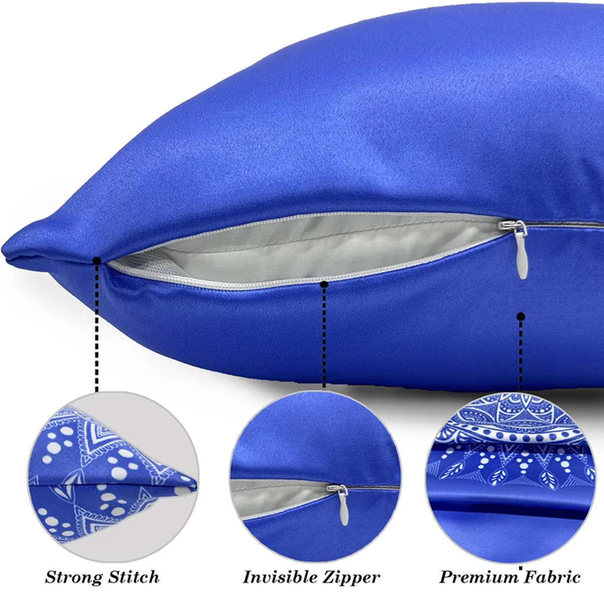 Close-up of a blue cushion cover showing its zip closure and printed fabric.