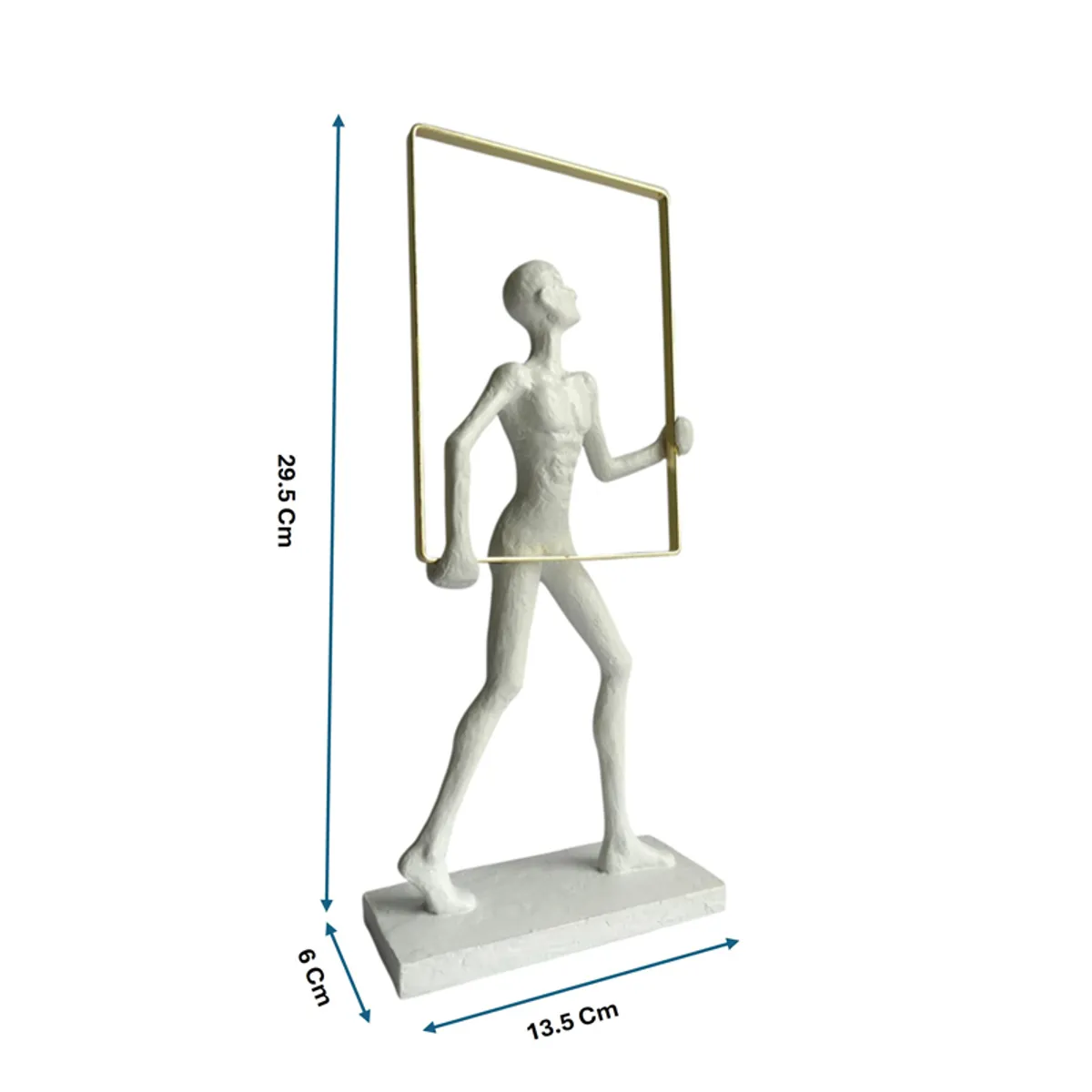 White and gold abstract figurine shown with its 29.5 cm height and base dimensions