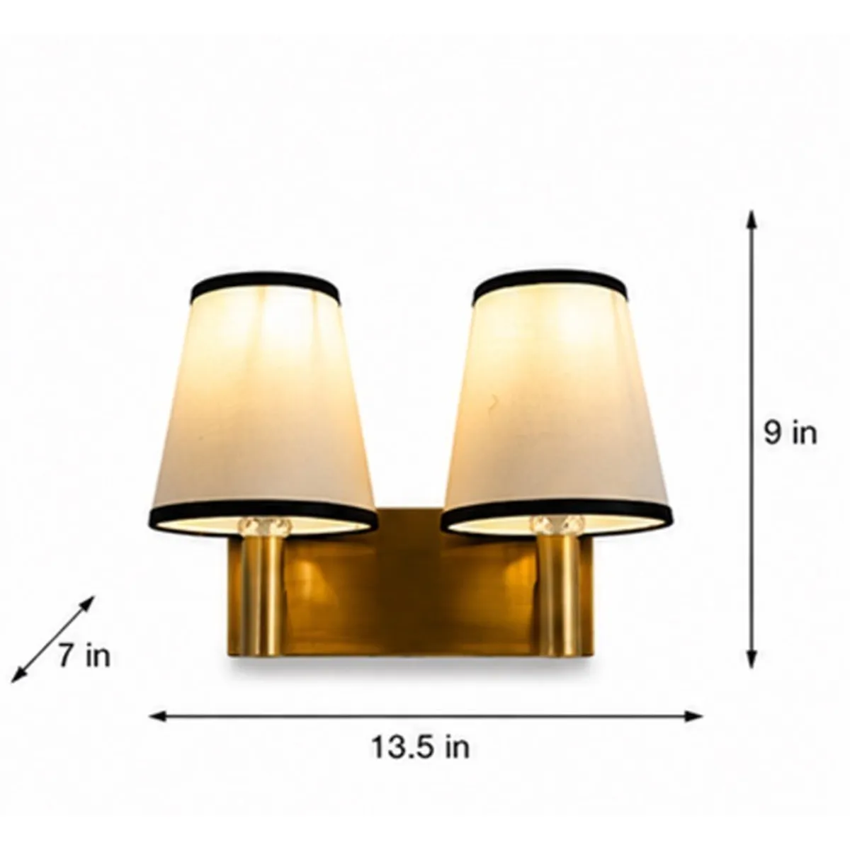 Twin wall lamp shown with measurement arrows against a white background
