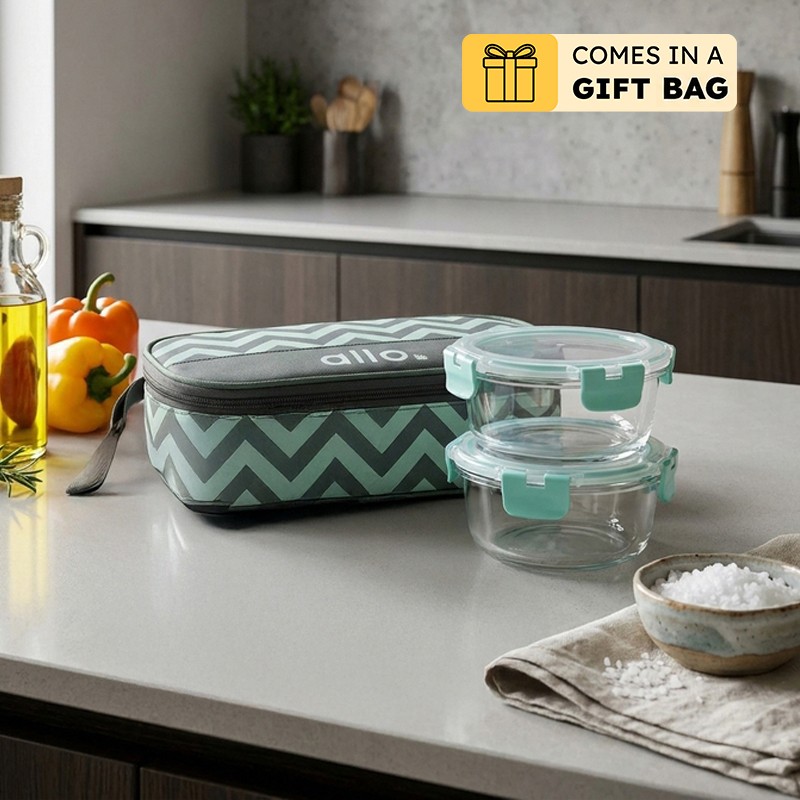 Jonas Lunchbox With Rectangle Chevron Bag (390 ML) - Set Of Two - 310 ML