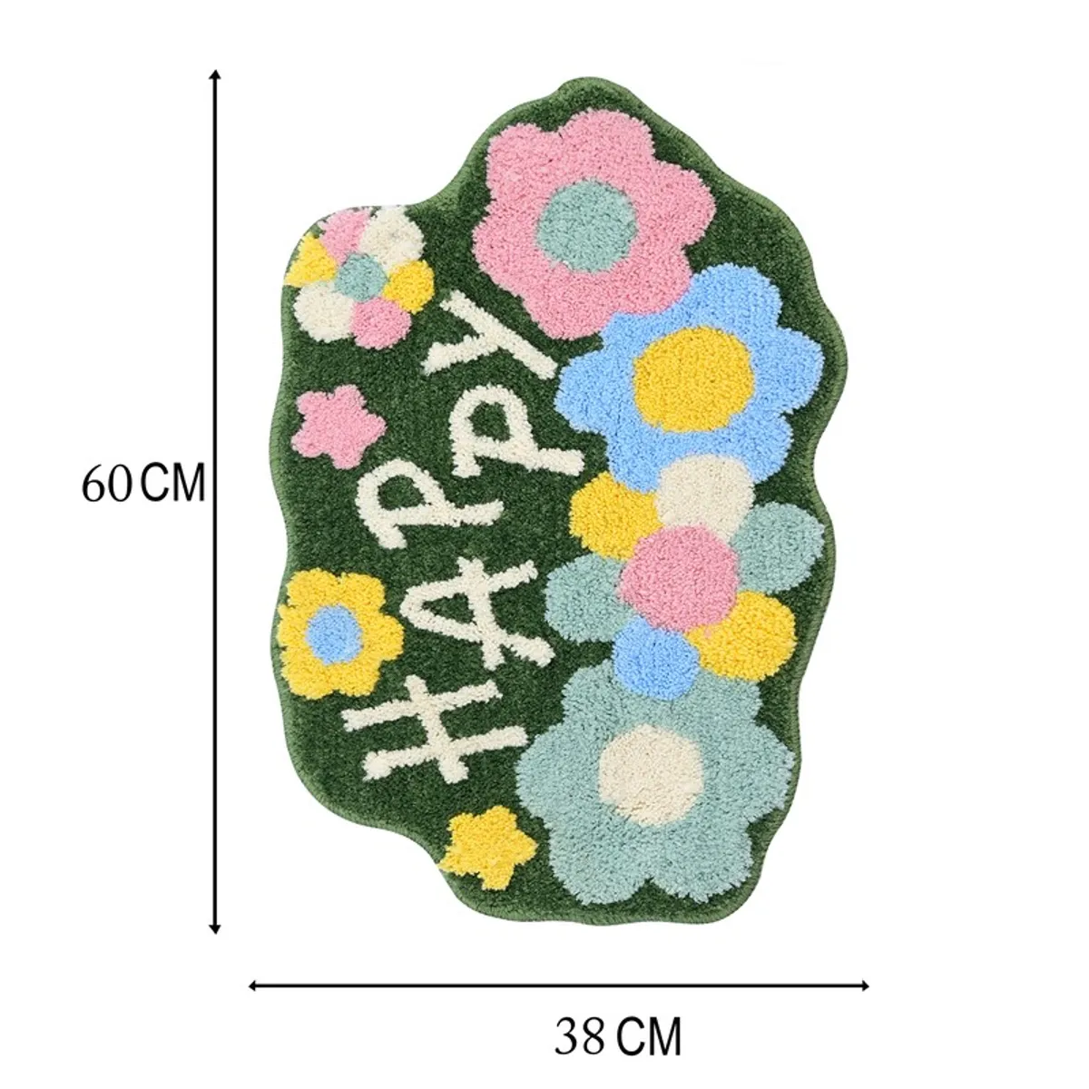 Bath mat shown vertically with floral design and 38 x 60 cm dimensions