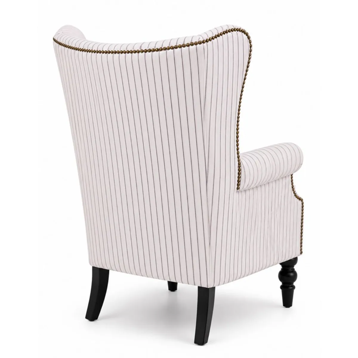 Rear view of a white striped lounge chair with vertical upholstery and curved back