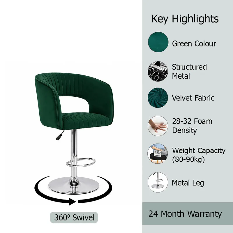 Green velvet bar chair with chrome base and footrest shown beside highlight graphics